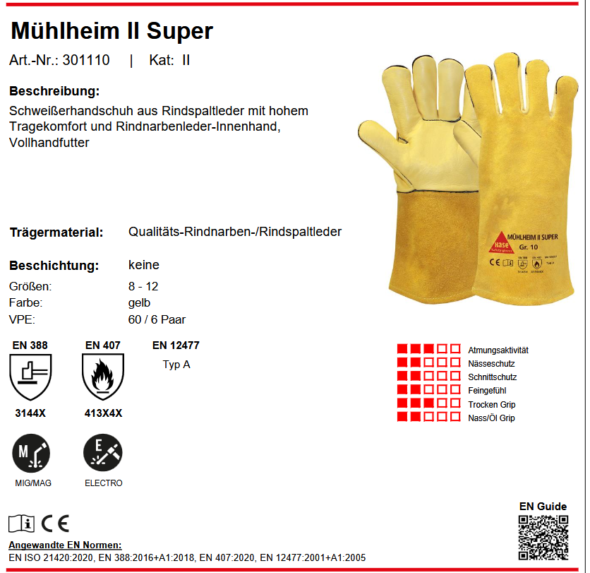 Hase 301110 Mühlheim II Super Schweißerhandschuhe gefüttert 6 Paar Gr 8-12