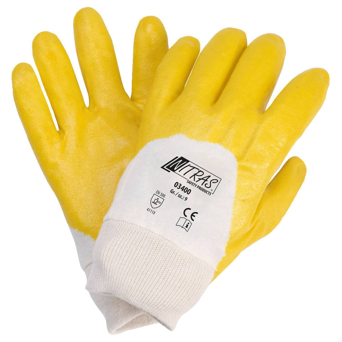 Nitras 03400 Nitrilhandschuhe mit Strickbund gelb teilbeschichtet 12 Paar Gr 8-11 horzefix