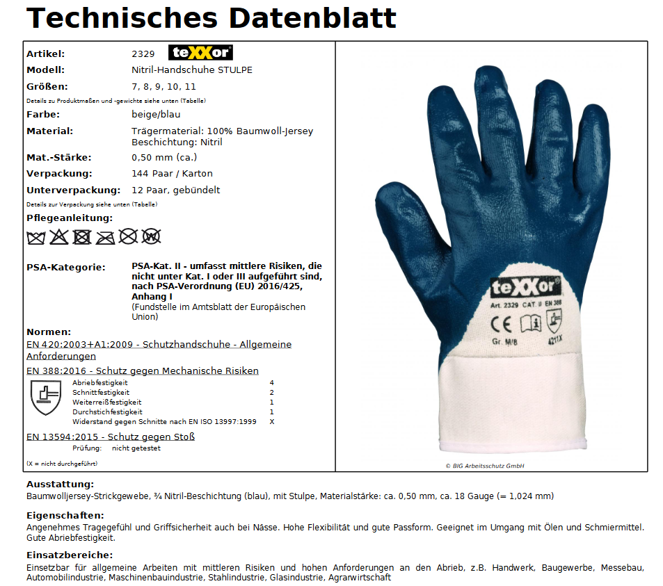 teXXor 2329 blau 3/4 teilbeschichtet Nitril-Handschuh mit Stulpe 12 Paar Gr 7-11