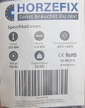 HorzeFix Kabelbinder 100 Stück schwarz uv beständig Universalbinder 2,5/3,6/4,8/7,6 breit