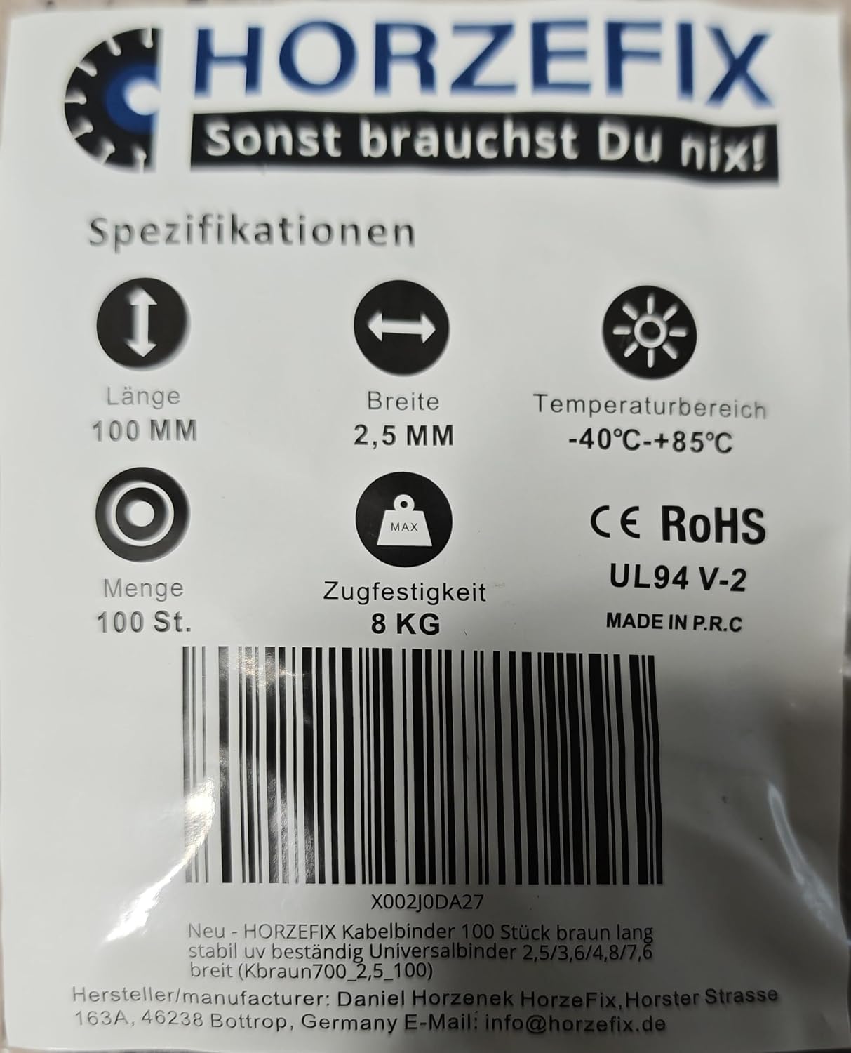 HorzeFix Kabelbinder 100 Stück braun lang uv beständig Universalbinder 2,5/3,6/4,8/7,6 breit
