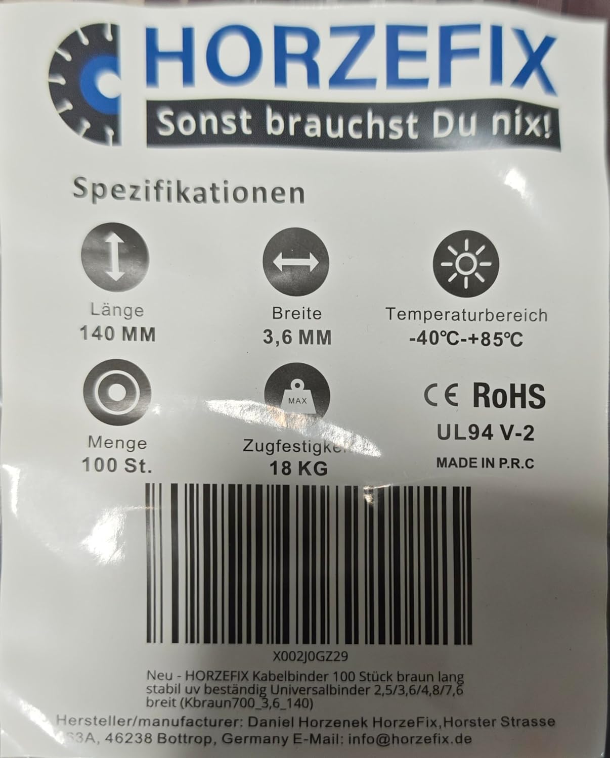 HorzeFix Kabelbinder 100 Stück braun lang uv beständig Universalbinder 2,5/3,6/4,8/7,6 breit