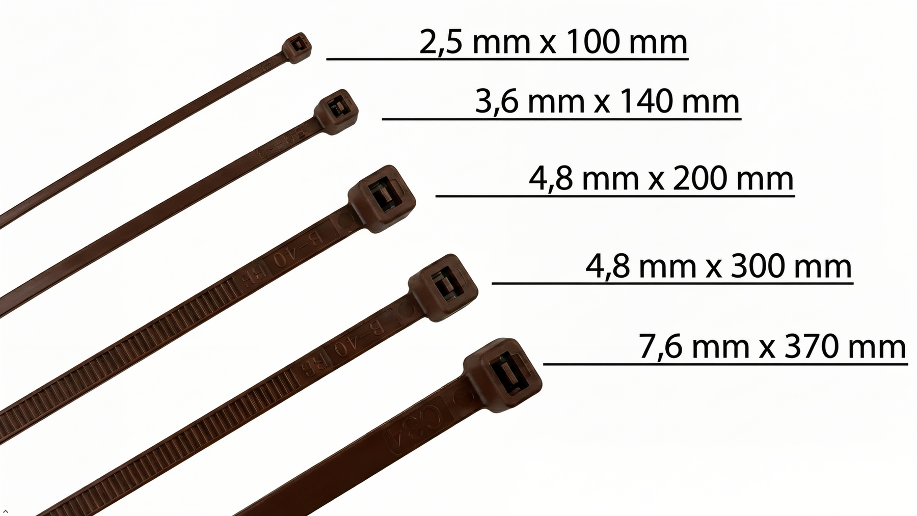 HorzeFix Kabelbinder 100 Stück braun lang uv beständig Universalbinder 2,5/3,6/4,8/7,6 breit
