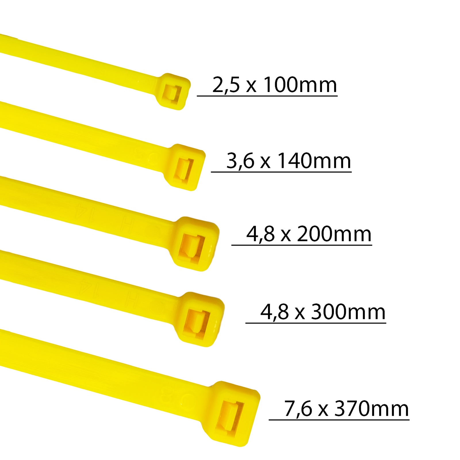 HorzeFix Kabelbinder 100 Stück gelb lang uv beständig Universalbinder 2,5/3,6/4,8/7,6 breit