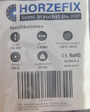 HorzeFix Kabelbinder 100 Stück schwarz uv beständig Universalbinder 2,5/3,6/4,8/7,6 breit