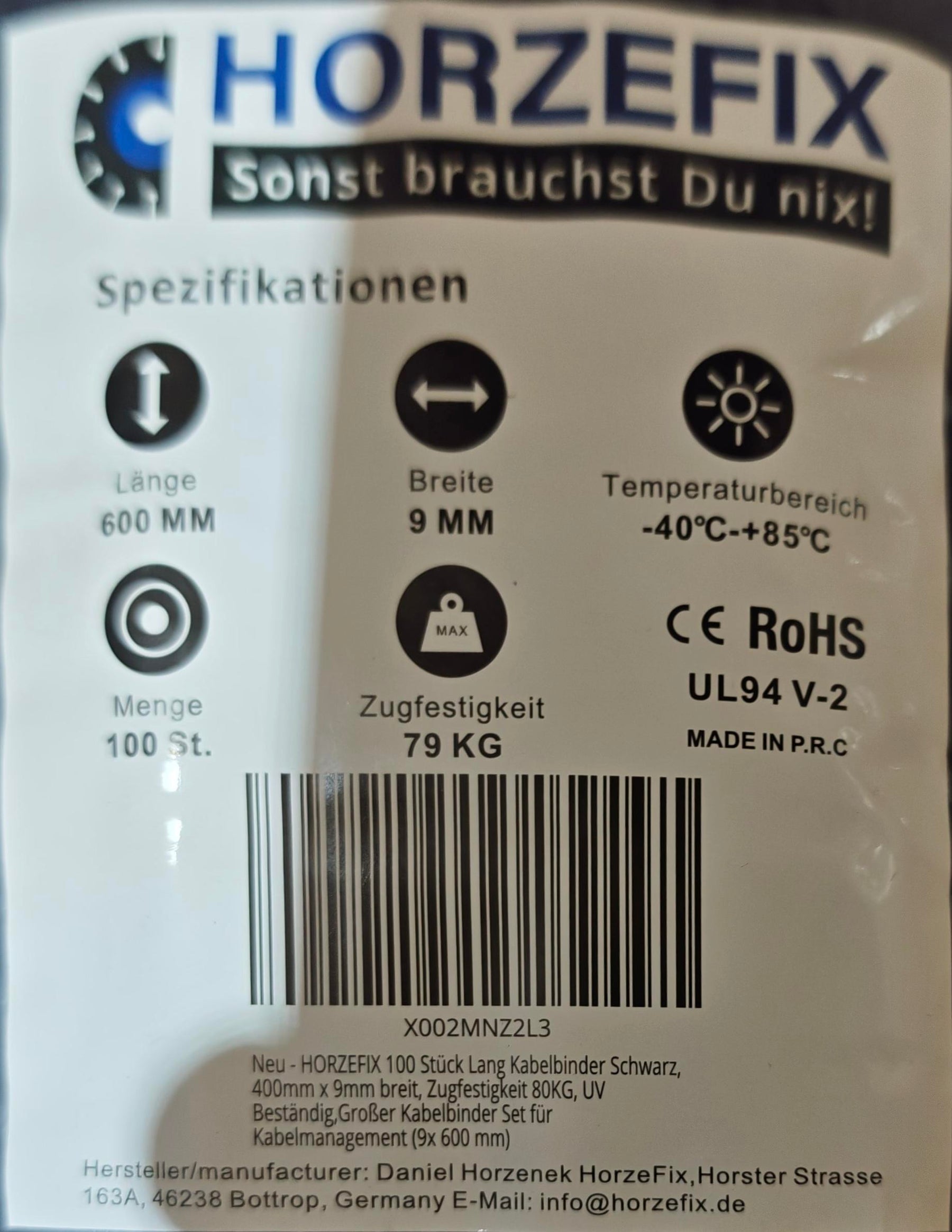 HorzeFix Kabelbinder 100 Stück schwarz uv beständig Universalbinder 2,5/3,6/4,8/7,6 breit