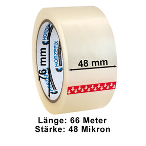 HORZEFIX Paketklebeband transparent 48 mm x 66 m, 48 Mikron, extra stark, universell für Versand & Umzug