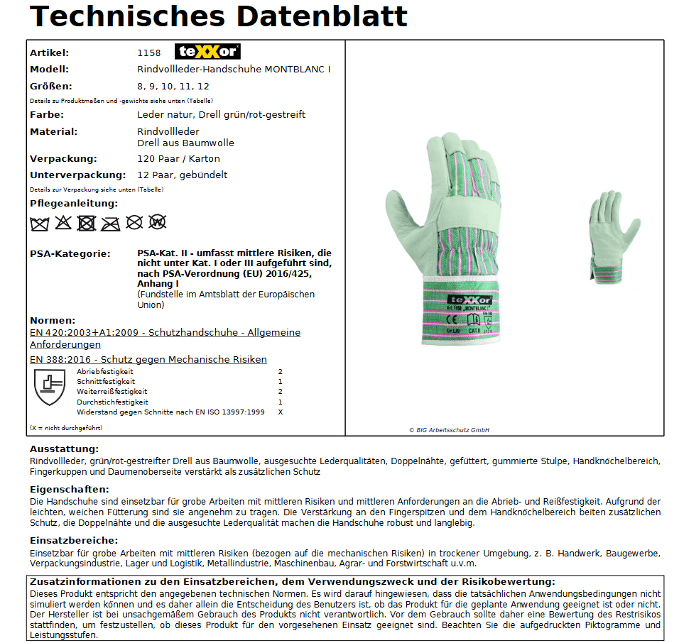 texxor 1158 Montblanc I Rindvollleder Arbeitshandschuh 12 Paar grün-rot Gr 8-12