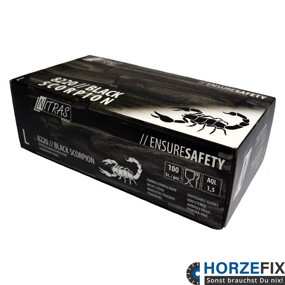 8220 Nitras black Scorpion latex schwarz Einmalhandschuhe puderfrei Lebensmittkontakt 1 Box 100 Stück Gr XS-XL horzefix